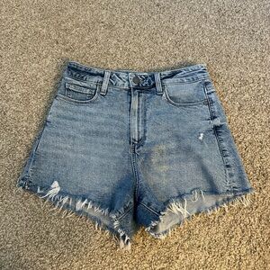 PAIGE Blue Jean Shorts with Distressed Hem